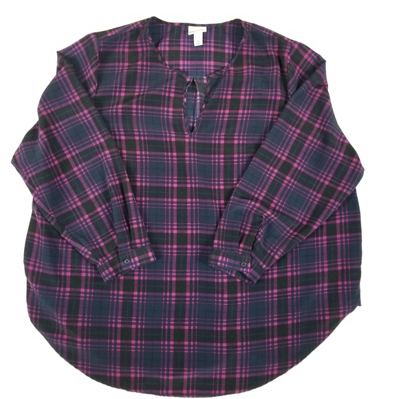 Ava Viv Pink Blue Plaid Tunic V-neck Blouse Women Peasant Top Size 2X - Picture 3 of 7